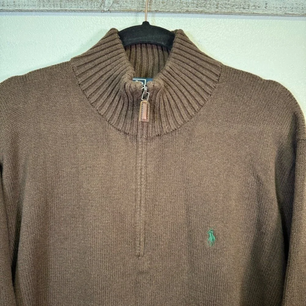 Polo Ralph Lauren Brown Cotton Knit 1/4 Zip Sweater Academia Preppy Y2K Large